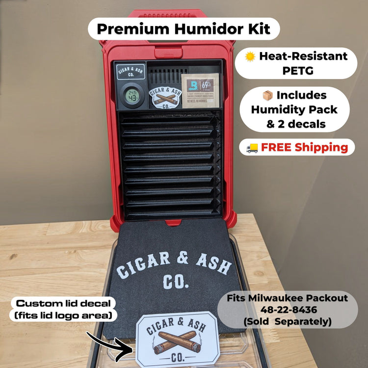 The Packidor travel humidor insert inside a red Milwaukee Packout 48-22-8436 case showing heat-resistant PETG tray, Boveda humidity pack, and Cigar & Ash Co. decals.