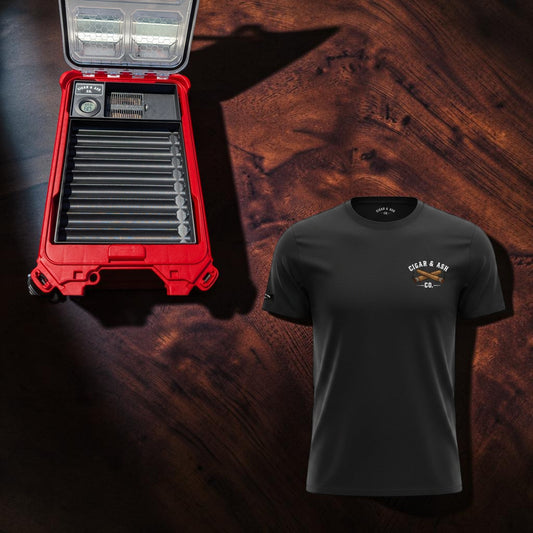 Cigar & Ash Co. Classic Bundle featuring Packidor humidor insert for Milwaukee Packout 48-22-8436 and black lifestyle t-shirt