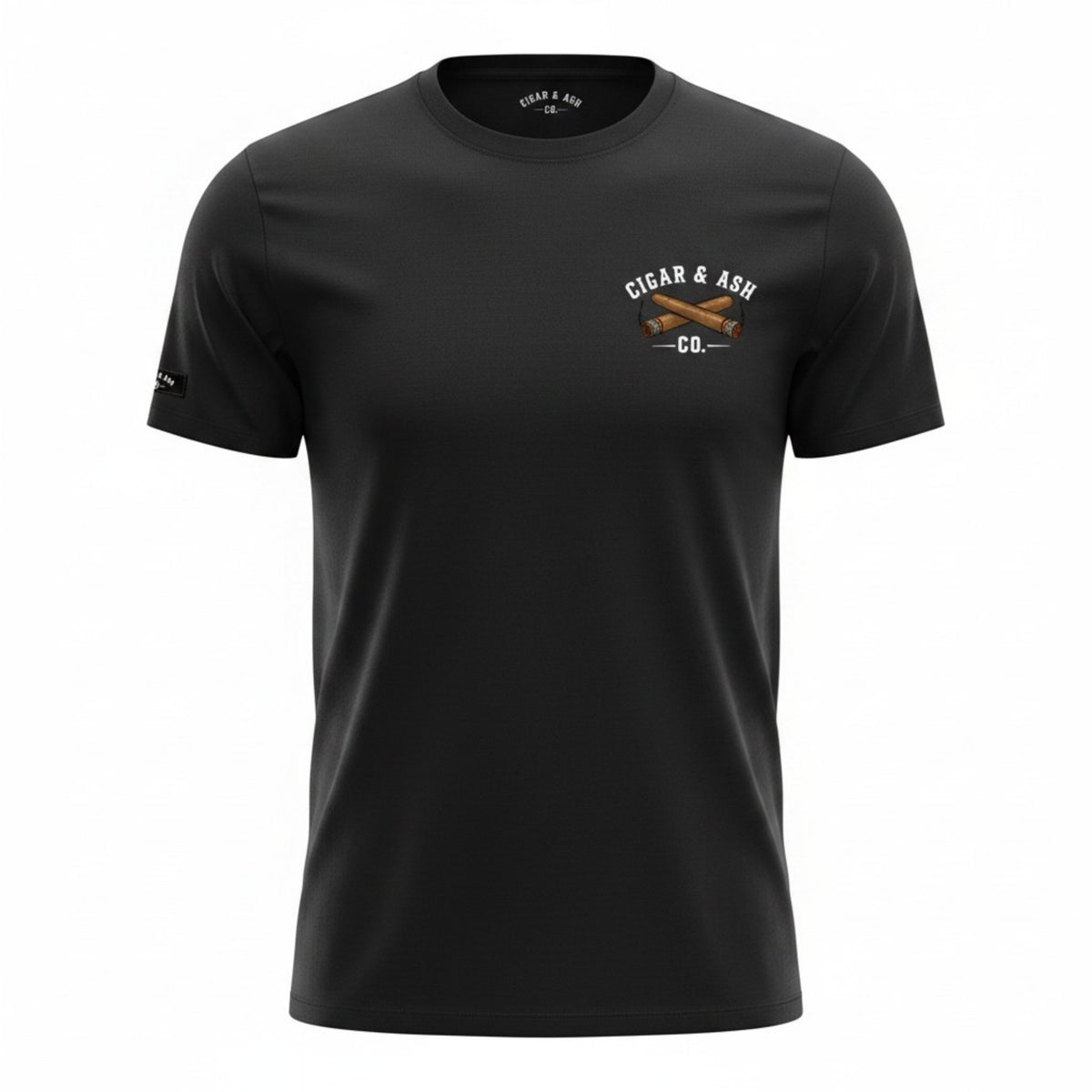Front view of Cigar & Ash Co. The Classic Tee in black with embroidered left chest crossed cigars logo