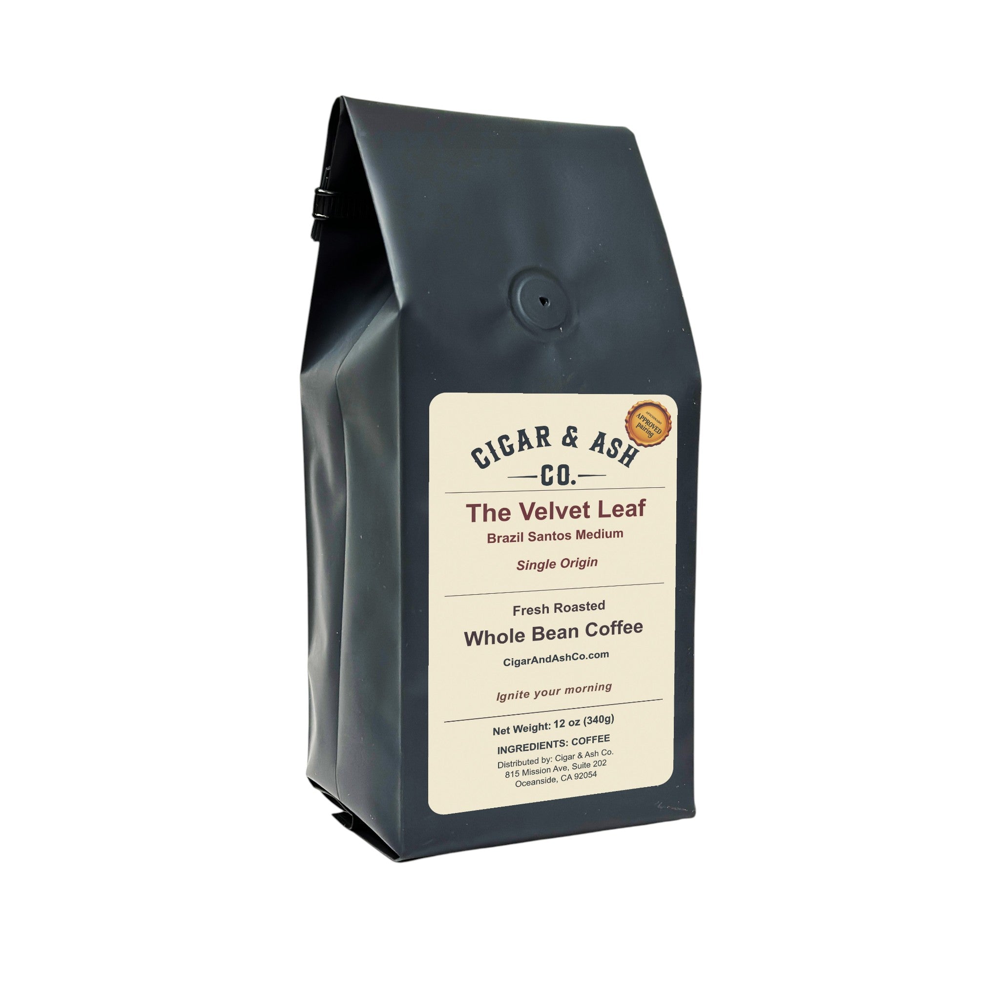 Cigar & Ash Co. The Velvet Leaf Brazil Santos single origin fresh roasted whole bean coffee 12 oz bag