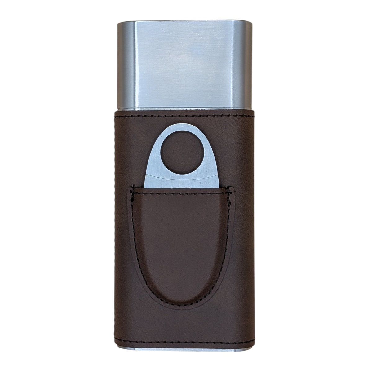 Triple Threat travel cigar case back view with cutter slipped into leather pocket
