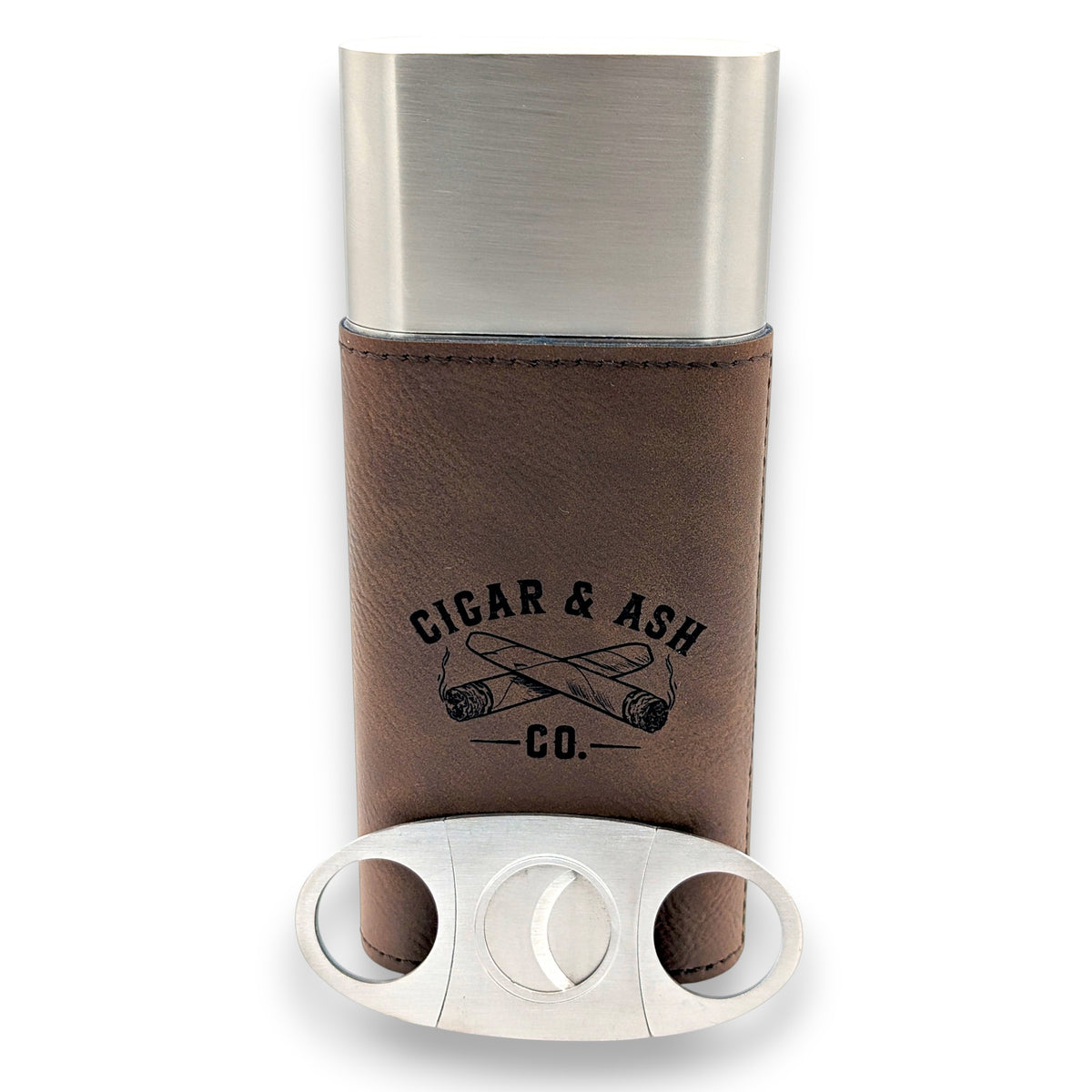 Cigar & Ash Co. Triple Threat travel cigar case with brushed stainless steel top and matching cigar cutter