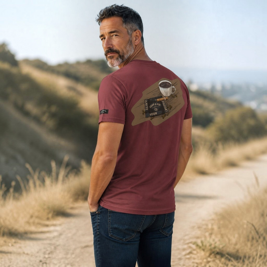 Cigar & Ash Co. Heritage Tee in coffee brown featuring a detailed Coffee & Ash graphic on the back worn by a man.
