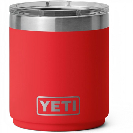 Cigar & Ash Co. red YETI 10 oz stackable lowball tumbler with a clear MagSlider lid and stainless steel rim.