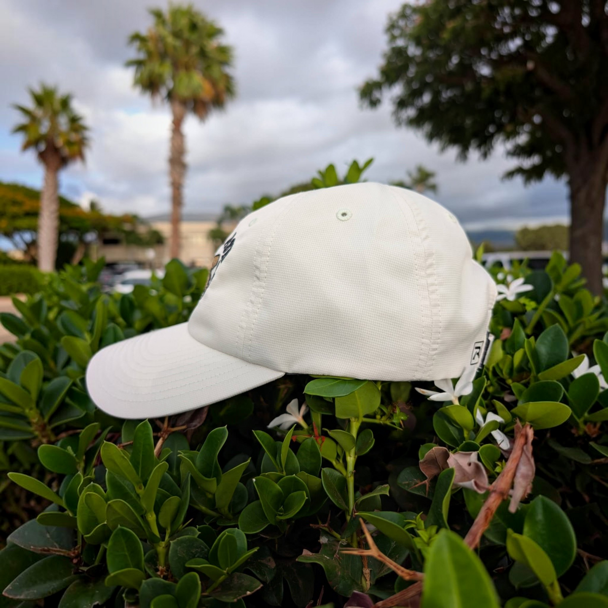 Cigar & Ash Co. white relaxed performance hat with embroidered logo, resting on green garden foliage.