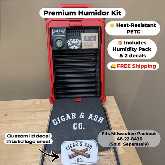 The Packidor travel humidor insert inside a red Milwaukee Packout 48-22-8436 case showing heat-resistant PETG tray, Boveda humidity pack, and Cigar & Ash Co. decals.