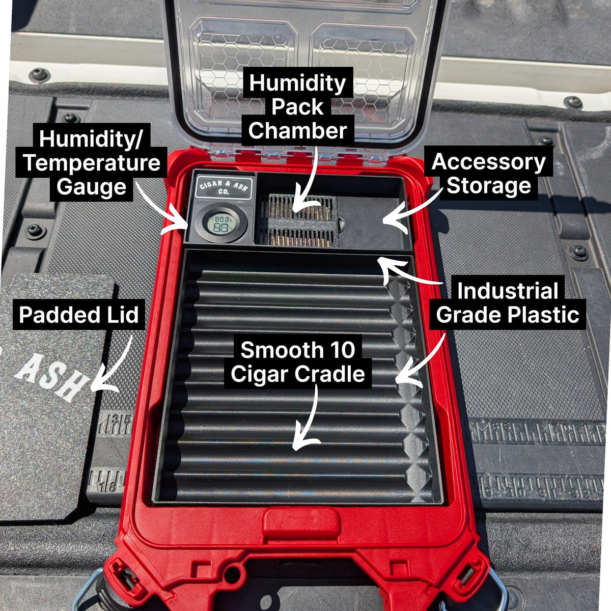 Feature diagram of Packidor humidor insert for Milwaukee Packout 48-22-8436 showing 10 cigar cradle, humidity pack chamber, and hygrometer