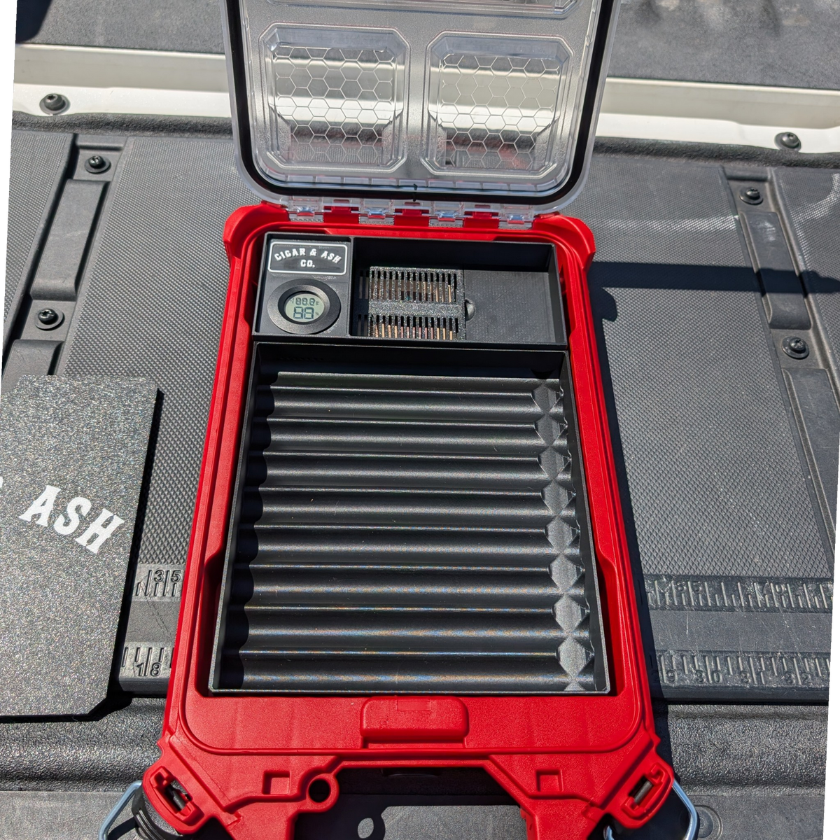 Empty Packidor humidor insert fitted inside an open Milwaukee Packout 48-22-8436 organizer case